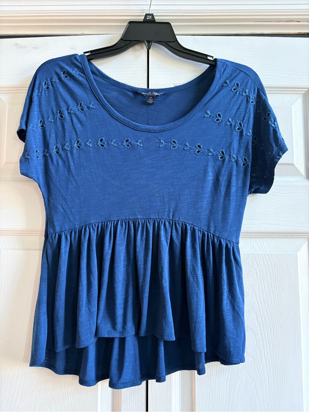 American Eagle Blue Eyelet Embroidered Peplum Babydoll Top Small